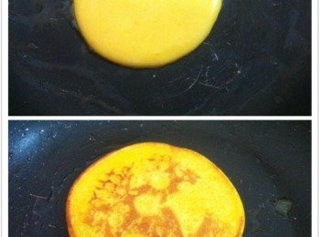 step3: 取出平底鍋塗上少許牛油，加入兩大匙麵糊在中間，
前後煎至金黃色即可。