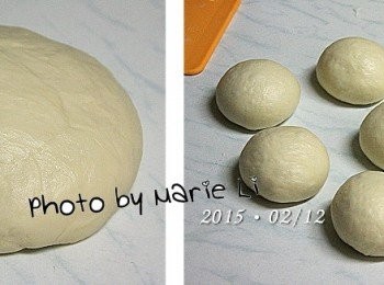 step3: 取出麵糰揉圓，蓋上保鮮膜讓它靜置發酵一個小時

一小時之後，將發酵好的麵糰按壓排氣
等分成 68g x 8份
蓋上保鮮膜靜置 20 分鐘 讓麵糰鬆弛