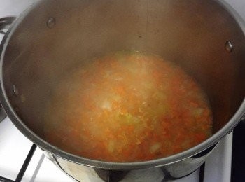 step2: 於鍋內把洋蔥及蒜頭爆香至洋蔥變軟(約2分鐘)，加入蘿蔔丁及清水一起煮多3分鐘。