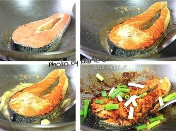 step2: 起油鍋，先熱油至手放上方能感覺到溫度
將瀝乾的魚片小心地放入油鍋中
中小火煎至微酥再翻面
兩面都煎熟了之後把薑和蒜下鍋一起爆香
倒入適量的素蠔油與少許糖
滴幾滴料理米酒下鍋提味
輕輕翻動魚片讓調味料均勻上色
最後灑上蔥段再稍煮一下即可