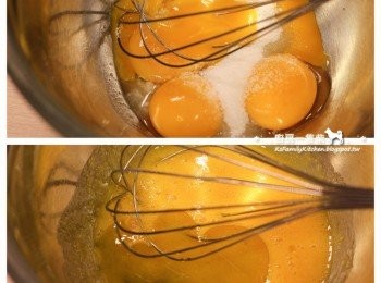 step3: 將蛋黃與細砂糖拌勻，再倒入橄欖油混勻。