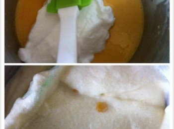 step3: 然後分三次加入蛋黃糊，攪拌均勻 注意攪拌方式；就是中間劃一刀然後，由底部翻上面。。重複動作直到沒完蛋白霜為止。 這個時候可以啟動烤箱180度上下火。