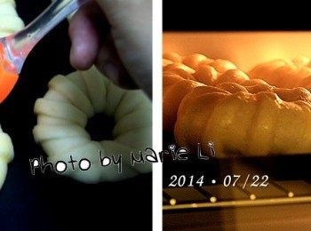 step7: 為麵包表面刷上一層蛋液
送進預熱好的烤箱中烘烤至表面成金黃色即可

《烘王A+ HW-9988，預熱 上170度、下170度》

先將烤箱設定好

上火：       170度
下火：       170度
吐司模放置：  上層
烘焙時間：  20分鐘

※ 每台烤箱的狀況皆不相同，請依自家烤箱的狀況做調整設定。