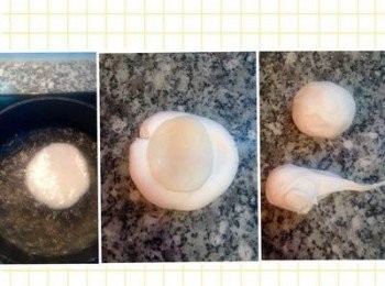 step4: 將粿脆均勻揉入糯米糰中,原鬆散易裂的糯米糰將會非常有彈性。 糯米糰分成2糰，ㄧ糰重128g和另外剩下的ㄧ糰。