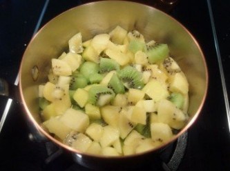 step3: 準備一個厚底鍋(我使用導熱性絕佳的銅鍋),放入奇異果果肉先用中小火煮滾釋出果汁。