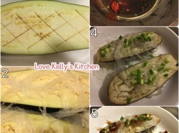 step1: 茄子去頭開半，然後介一介d肉但吾好介爛個底，粉絲浸軟身後鋪在茄子面上，放入蒸爐用100度/大火蒸10分鐘；