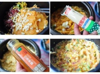 step5: 陸續放入起司碎丁、加入沙拉、少許的百香果醬及稍涼的薯泥，再均勻的攪拌就大功告成囉~