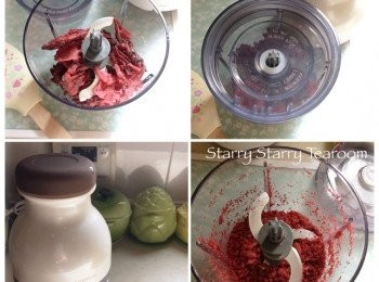 step2: 用攪拌杯，將洛神花乾和紫薯乾分別打碎成粉，備用。