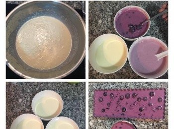 step4: 取3個容器，等量放入奶酪起司混合液， 將藍莓顆粒+1/2<span class="group_3">藍莓醬</span>放入第一個碗中混勻。 再將剩下的<span class="group_3">藍莓醬</span>倒入第二個碗中混勻。(碗底要留約1-2茶匙的<span class="group_3">藍莓醬</span>等一下用來裝飾用) 。 冰箱取出模型，先倒入第一碗的混合液,冷藏20-30分鐘後取出。