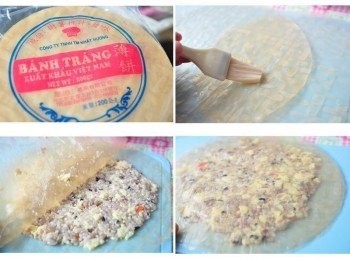 step4: 這個薄餅皮是在置身於市場中越南商店購買的，只要塗抹些冷水短時間就會軟化，再將豆腐五穀米飯上下兩片夾入壓平..