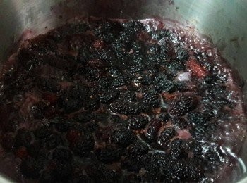 step4: 開大火 , 煮至出水 , 再煮約20分鐘 , 要不時拌一拌 , 直至把桑椹汁煮至濃縮 , 即可裝到己消毒的玻璃瓶中 , 入冰箱保存