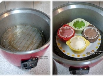 step4: 7 外鍋放二杯水先下去讓裡頭蒸到大滾起水氣後，再把發糕放進去蒸20分鐘即可