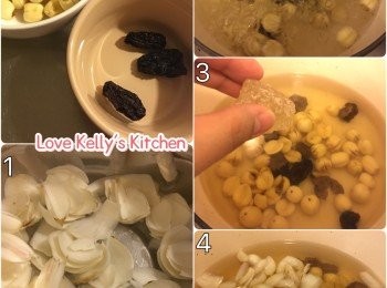 step1: 蓮子用水浸一浸去芯，百合洗乾淨，南棗一開三備用；