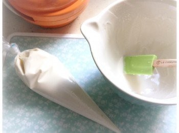 step2: 將粉漿入唧袋，備用。

Tips:不要懶惰，一定要用唧袋。模具的花紋和尺寸越細，用唧袋會更容易控制份量，而且不會弄到鬆餅機四周都是粉漿，增加清潔時的困難。