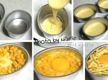 step4: 我使用的是一般拿來作小型起司蛋糕的模具
這次的份量正好做了四個《蘋果乳酪雞蛋糕》
外加兩個貓爪模原味雞蛋糕，不包餡的喔！

先將模具裡面塗抹上一層油脂以利脫模
然後再倒進約五分之一模具高的麵糊
沿著模具邊緣先放些蘋果碎塊和玉米粒
然後很豪邁地打進一顆完整的雞蛋
再鋪上一圈乳酪絲‧‧‧