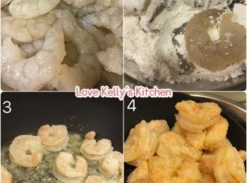 step1: 先處理左D蝦，急凍蝦仁先冲一冲水用鹽醃10分鐘，再用水冲待完全解凍後去腸，然後在蝦背介一刀；
紅洋蔥、紅椒和黃椒切粒備用；
將蝦仁沾上粟粉，熱好油鑊，將蝦仁放入去半煎炸，煮至八成熟先盛起；