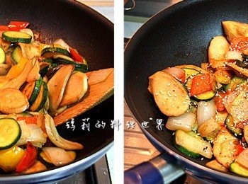 step4: 慢慢煎至鍋中蔬菜全都熟透了即可
起鍋前加上些許白芝麻拌炒數下即可熄火裝盤食用。
