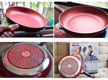 step7: 有著紅底高雅大方的【西華漾彩不沾平底鍋】，造型時尚不添加PTFE，又兼具環保、無毒，還有3種顏色(玫瑰金、炫麗紅、時尚藍)供您選購喔!