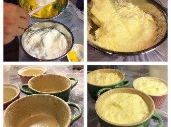 step2: 4. 蛋白及砂糖打至企身，成蛋白漿 
5. 將蛋黃漿加入蛋白漿內 
6. 加入薑汁
7. 焗杯內搽上牛油，上糖 
8. 用膠刮或匙羹將表面掃平