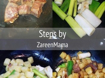 step4: 將牛粒煎至半熟盛起，唔需要洗鑊。放入大蔥炒香，加入薯仔及醃牛肉，灒酒拌勻。加回牛肉粒，醃肉剩餘肉汁及【<span class="group_2">汁料</span>】炒勻，牛粒至8成熟已可。