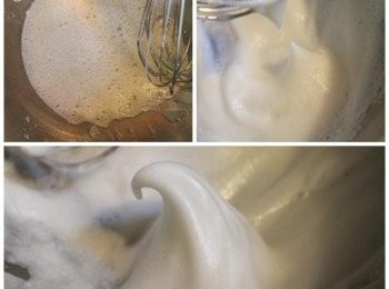 step1: 先打發蛋白. 用打蛋器打製硬性發泡(最下圖) 將打蛋器拉起會呈現堅挺的蛋白霜
