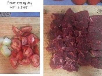 step2: 牛肉切成適當塊狀，用鹽和胡椒粉調味。蕃茄去蒂切大塊（1顆切成6片），洋蔥去皮去根後對切再對切（1顆切成4-6塊）。