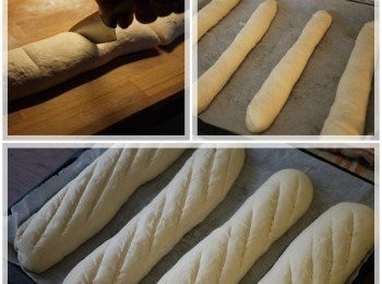 step2: 麵團均等切下，約四大條可做4個大Size三明治喔，依舊需30分鐘發酵膨脹! (烤箱前)