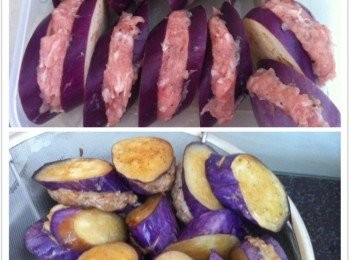 step2: 將茄子洗淨切厚塊，然後茄子中間開一刀。
將混合好的肉碎釀入茄子里，以高溫油炸至茄子變軟，盛起瀝乾油分待用。