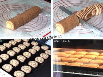 step8: 冰好的麵糰用刀子切割成約 0.3cm 厚度的片狀
整齊的排列在烤盤上，取出間隔
送進已事先預熱好的烤箱中烘烤

烤箱設定：

上火：    170度
下火：    160度
烤盤：     上層
時間：   20分鐘

※ 每台烤箱的狀況皆不相同，請依自家烤箱的狀況做調整設定。