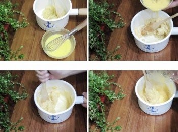 step5: 燙麵團放至微溫時將雞蛋打散 少量分次加入麵團中，花點耐心慢慢拌融合 蛋液每次加入，務必確實吸收再加下一次 接近完成前ˊ適時檢查麵糊狀態 因雞蛋有大有小，各廠牌麵粉吸水性也不同 (雞蛋份量要依實際狀況觀察決定喔。)