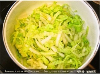 step3: 將切好的白菜絲放入大碗中，放入鹽稍抓一下。