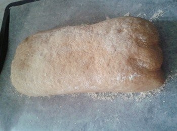 step5: 拿出麵糰，用拳頭鎚麵糰數下，再拉麵糰，讓麵糰“鬆弛”，再弄成自己喜歡的形狀，放在烘焙紙上，蓋上保鮮紙，靜置半小時，麵糰會再脹大一點