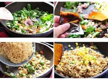 step4: 接著將炒麵的所有<span class="group_1">食材</span>下鍋爆香拌炒，放入炸醬調味包，再放入川燙過的麵均勻拌炒即可起鍋