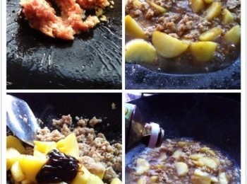 step2: 取出鍋加入1匙食油，加入蒜蓉和醃製好的肉碎和馬鈴薯爆香。
然後加入所有調味料和食水以中火煮滾，至半收汁馬鈴薯變軟。
最後倒入芡粉勾芡即可。