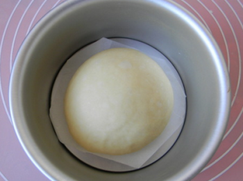 step6: 六寸蛋糕模具底部鋪上油紙或塗點黃油，放入麵團，包嚴進行二次發酵。