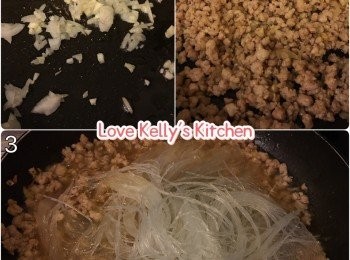 step3: 熱好油鑊，爆香紅蔥頭放入已醃的肉碎，炒至9成熟，加入粉絲及<span class="group_3">調味料</span>一齊煮兜均，煮到差不多收乾水，加入蔥粒便完成