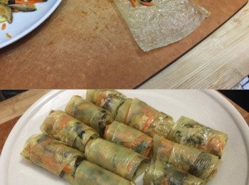 step7: 尖位向上，將素菜料放中間，包起後在尖位塗一點生粉糊沾口