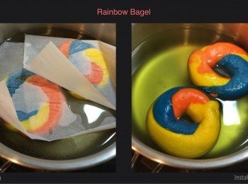 step6: 水、糖、鹽煮開成糖水，將貝果面朝下煮30秒，取下烘焙紙，翻面再煮30秒；依序煮好所有貝果