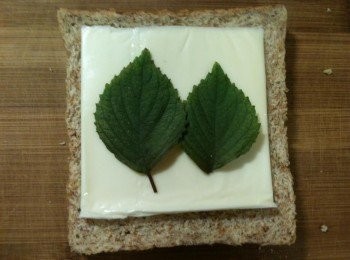 step3: 取出一片土司，依序放上起士片和紫蘇。