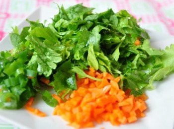step1: 備料:芹菜葉切成一段段、蔥花、紅蘿蔔切碎丁