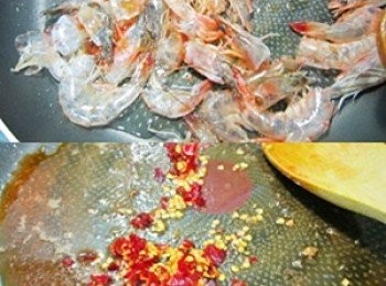 step5: 平底鍋洗淨入橄欖油加入蝦殼與蝦頭炒香(蝦頭以鍋鏟壓出蝦膏)，
撈出蝦殼、蝦頭丟棄！
鍋中油入切碎的乾辣椒炒香一下成鮮美辣油，盛放醬料皿中！