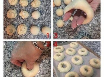 step3: 完成發酵後,.握拳略壓一下麵糰將空氣排出,接著倒出來略收成糰,秤重分切成8份(每份約45g左右),接著滾圓並蓋保鮮膜閒置5-10分鐘後,開始整型, 可以從中間戳過去,雙手繞鬆麵團(如圖),就成了傳統圓型,或者可自由發揮塑型,完成塑型後用保鮮膜蓋好進行第二次發酵,約20-30分鐘.