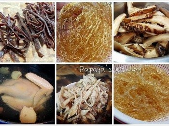 step1: 1. 木耳，冬菇，素翅前一晚浸軟
2. 木耳用熱水沖洗好，切絲
3. 冬菇水要留，冬菇切絲
4. 素翅洗乾淨備用
5. 煲滾水，放薑片，和將洗乾淨嘅雞放入去用中火煲30分鐘
6. 薑片攞起唔要，雞攞起待涼就可以去骨，雞肉搣成絲，啲水就成為左雞湯啦！