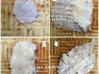 step2: 將1-2蝦仁用刀拍平拖一下刀成膠狀，將餘下蝦仁重覆部驟。用刀剁下蝦肉，摺起如圖2，再摺起如圖3，再剁開蝦肉如4，重覆部驟4-5次便成。