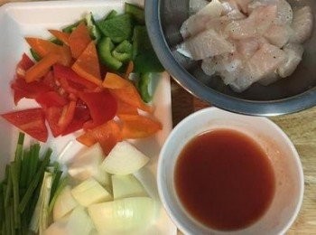 step1: 洋蔥、青椒、甜椒洗淨切大丁(與魚柳大小相當), 蔥洗淨切段。魚肉切大丁，並用鹽、酒、黑胡椒粉抓醃備用。 取1個碗將<span class="group_3">糖醋醬</span>先混勻。 備註：白肉魚排有很多選擇，魴魚、鯛魚、巴沙魚....都很合適。