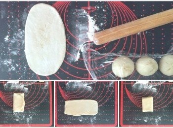 step3: 用手扭轉分成8等份 要小心捏好每一個小麵團兩端開口處 不要讓<span class="group_2">油酥</span>漏出來 用保鮮膜蓋好 醒麵15分鐘後 開始撖開每一段小麵團 三折 換個方向 再撖開 三折後 再醒麵15鐘