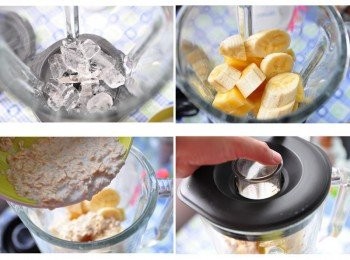 step2: 接著放入少許的冰塊，並將水果塊放入，倒入燕麥牛奶，再蓋上上蓋