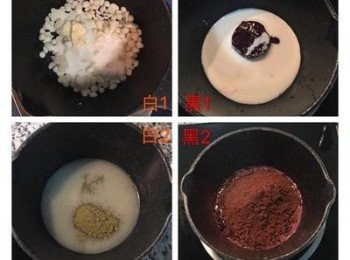 step5: 等候甜甜圈烘培時可進行淋醬的製作, 1.白巧克力抹茶醬: 將白巧克力粒+鮮奶油+奶油小火煮溶後離火放入抹茶粉,攪拌到巧克力醬變綠色,便可用濾網濾掉多餘的抹茶粉. 2.黑巧克力醬: 將鮮奶油+奶油+果醬小火煮溶後,離火並加入可可粉拌勻,再加入糖粉拌勻即可.
