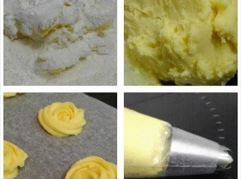 step3: 把麵團放入擠花袋裏，在已舖上烘焙紙的焗盤內擠出喜愛的形狀。然後放進雪櫃冷藏30分鐘至硬身。