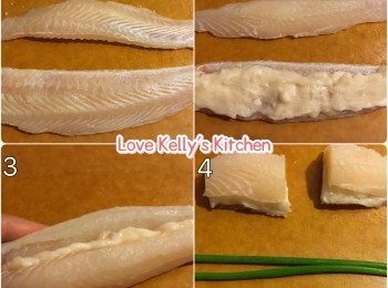 step1: 龍利柳急凍後用廚房紙巾吸一吸多餘水份，然後切開一半，塗上1湯羮墨魚滑，再將另一件龍利柳蓋上；